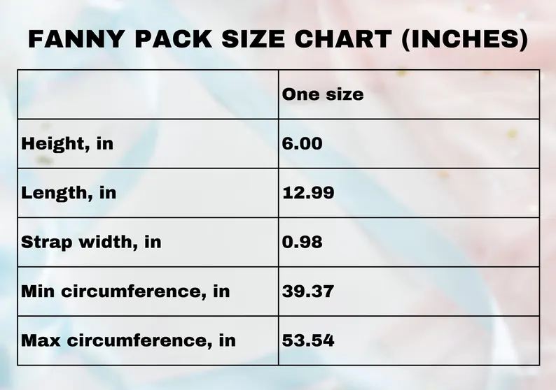 Pink crossbody belt bag size chart shown in inches. This soft pink everyday fanny pack is ideal for everyday use, offering clear sizing info for travelers seeking a pink waist bag with card holders and a secure, practical fit.