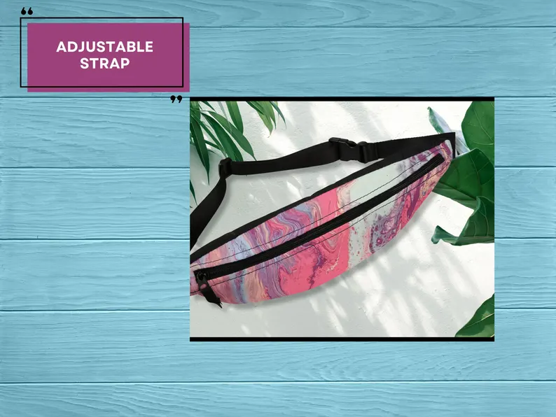 Close-up of the adjustable strap and sturdy buckle of this pink crossbody belt bag with long strap. Ideal for travel or festivals, the marble print hip bag pink is part of the lightweight pink travel waist bag collection by Sea Sun Stories.