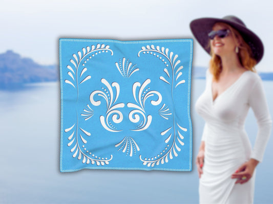 Greek style scarf. Ideal for summer travel and gifting. This baby blue scarf can be styled as a Santorini Scarf, beach coverup, or light Greek Mantilla.