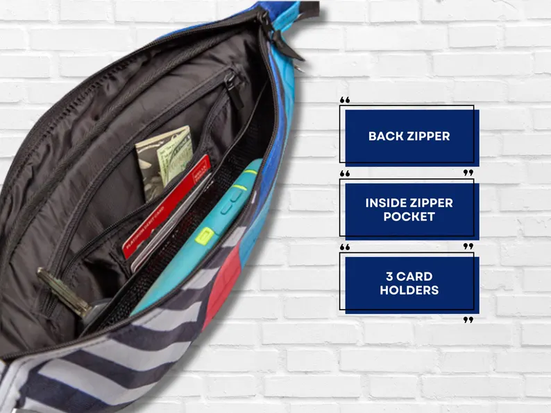pink fanny pack interior with back zipper pocket, internal zipper section, and three card holders. Perfect for keeping essentials organized in this marble print hip bag pink with functional storage and compact shape.