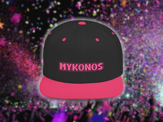 Close-up of the Embroidered Flat Cap showing the detailed hot pink Mykonos lettering. A trendy Mykonos Cap souvenir from Sea Sun Stories. Ideal for a Mykonos Party or bachelorette Mykonos celebration.