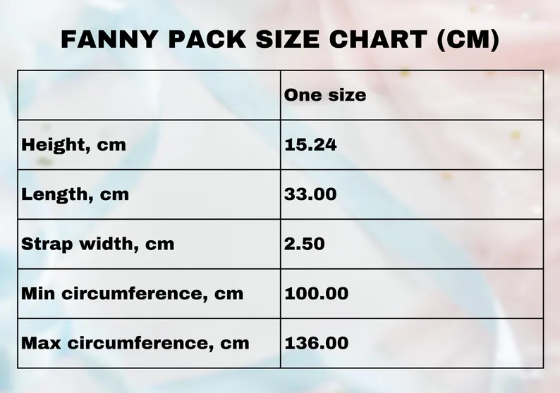 Detailed size chart in centimeters for this lightweight pink travel waist bag. Designed with a long strap and compact shape, this adjustable pink belt bag fits most body types, offering comfort and style in a hands-free pink fanny pack design.
