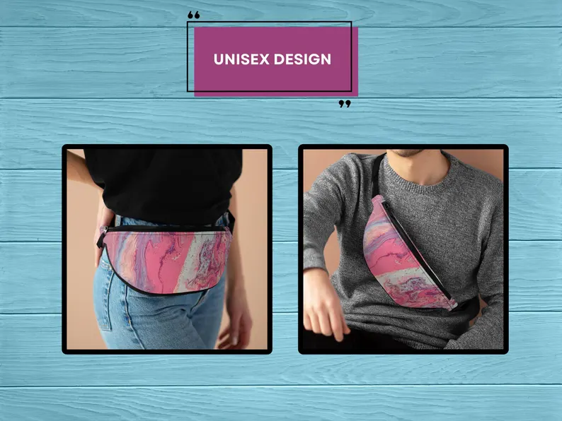 A man and woman wear the soft pink everyday fanny pack, highlighting its unisex appeal. This Sea Sun Stories fanny pack blends fashion and function with its pink sac banane with abstract design and versatile adjustable strap.