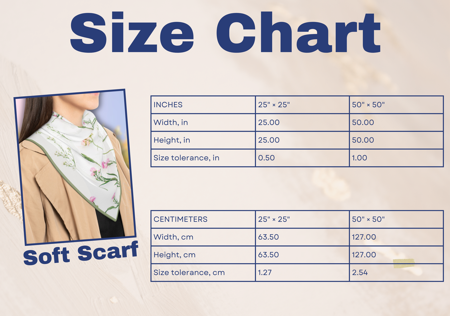 Size chart for the botanical scarf, showing dimensions for the small and large square scarf floral options.