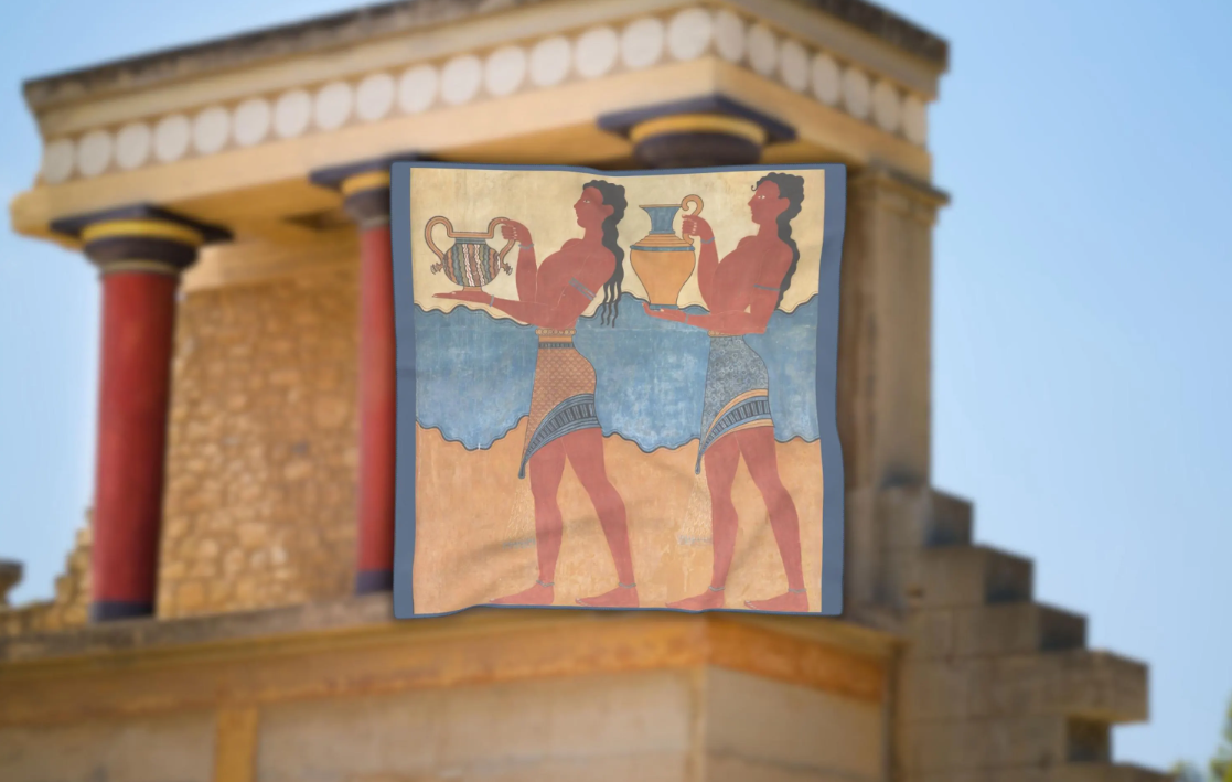 Close-up of the small size scarf showcasing the unique artistic elements, making this a memorable Crete souvenir.