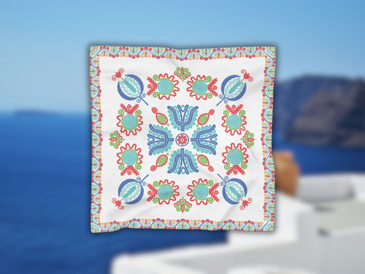 Detailed image highlighting the rich colors and abstract folklore design of this light scarf.