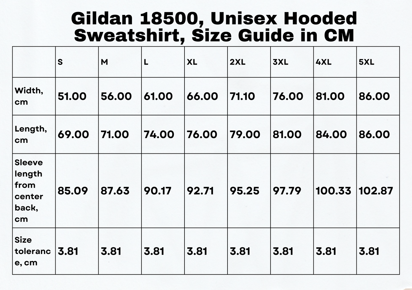 Size guide in centimeters for the greek hoodie, offering detailed measurements to ensure the ideal fit for this Greece sweater.