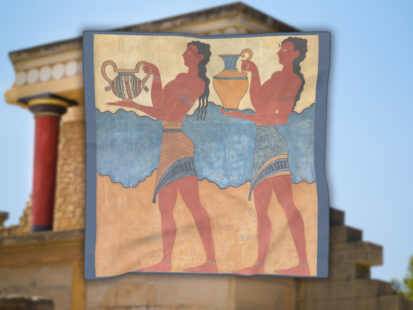 Flat lay image of the Minoan scarf showcasing the full design inspired by the Minoan civilization.
