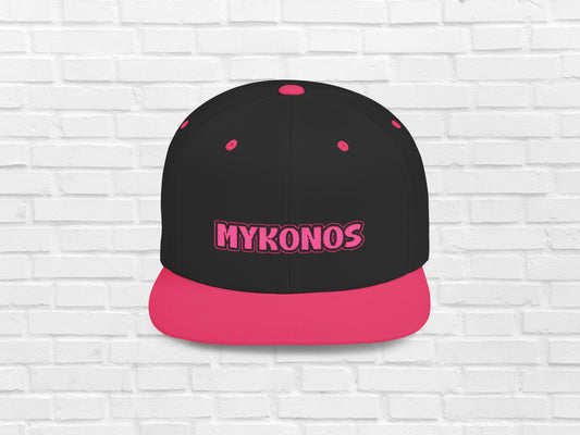 The Pink Mykonos Cap displayed on a clean white background, highlighting the MYKONOS embroidery. A stylish Greece Trip hat and a perfect Mykonos gift.