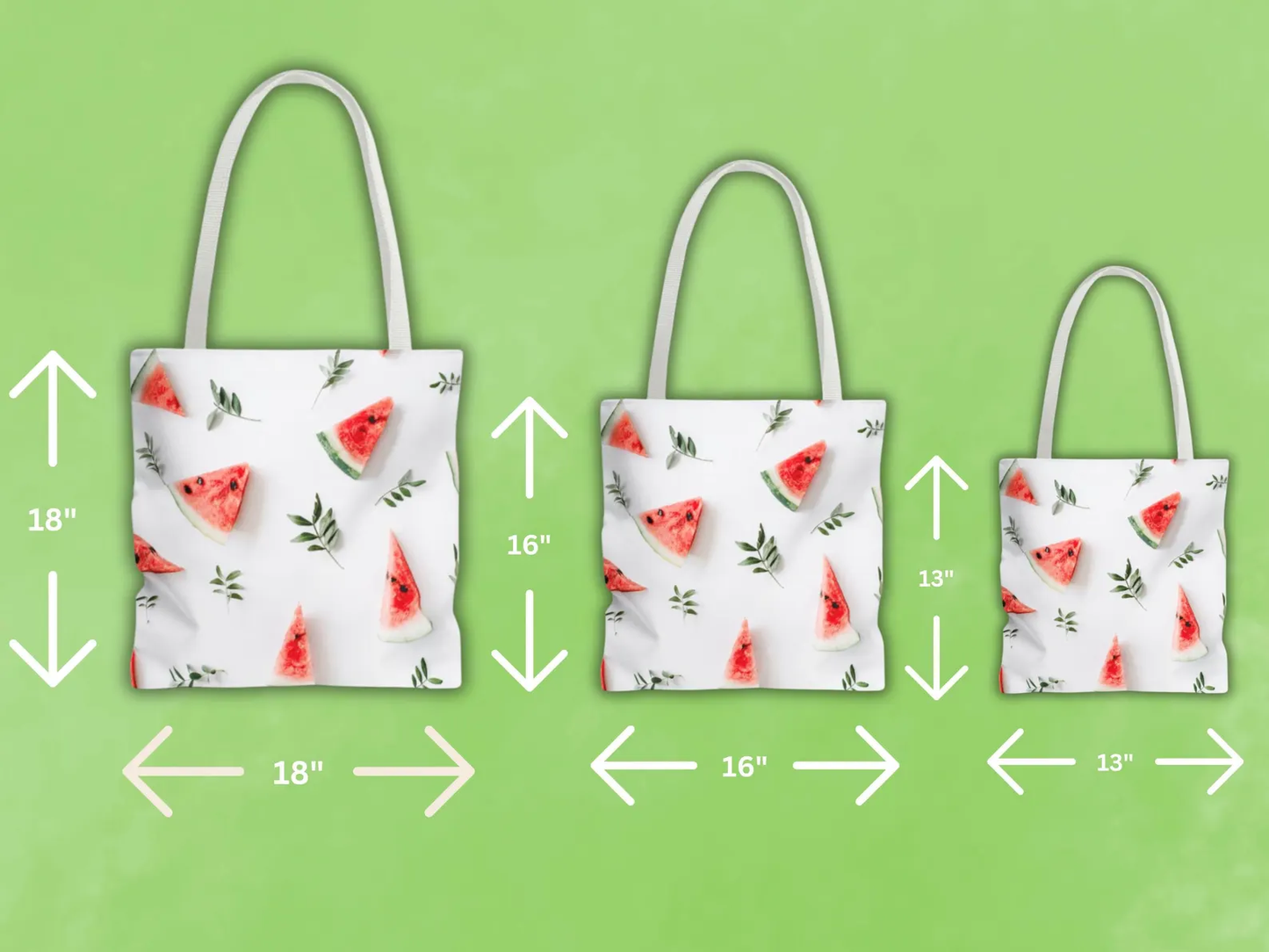 Dimensions of the Watermelon Bag, laid flat, providing a clear view of its measurements. This image illustrates the available sizes of this watermelon bag, including small, medium, and large options, making it a versatile reusable shopping bag. The watermelon design is vibrant and eye-catching, perfect for a beach tote bag. This bag with watermelon is a stylish tote bag and a great way to carry your essentials.