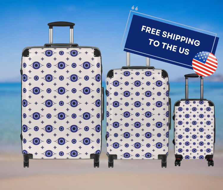 Suitcases, Greek Luggage, Blue White Travel Bags, Travel Gifts by Sea Sun Stories