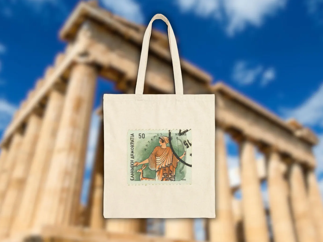 Artemis tote bag, highlighting the goddess art printed on natural cotton canvas. Inspired by Diana goddess iconography, this bag for Greece lovers adds beauty and meaning to sustainable style.