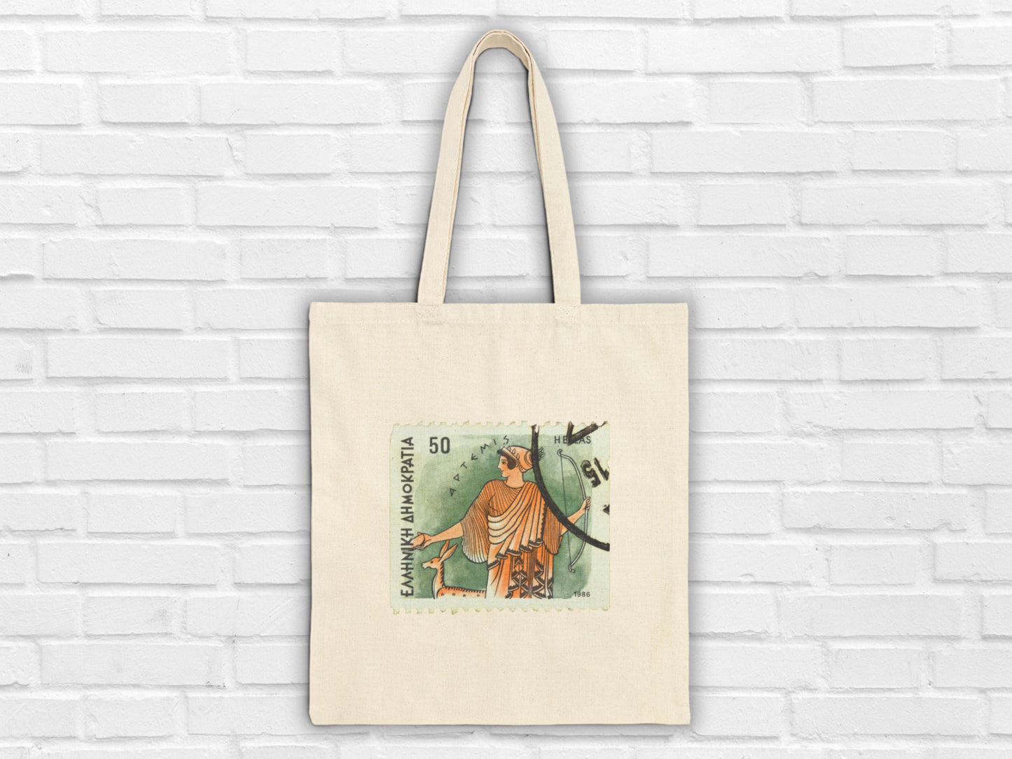 The tote bag with Artemis design, a bag inspired by Greek mythology and ancient Greece art, by Sea Sun Stories