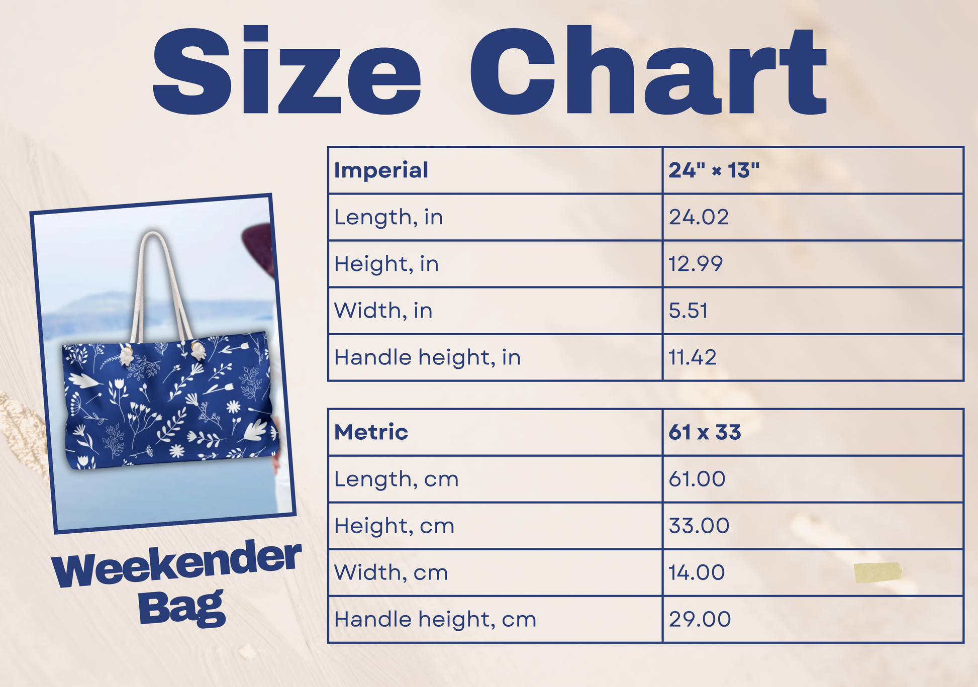 size chart image shows the dimensions of the large blue and white tote bag in both inches and centimeters. Designed as a large tote bag for beach essentials and travel to Greece, it is part of the Sea Sun Stories Bags collection. A perfect Greek style bag for summer getaways and stylish vacation packing.