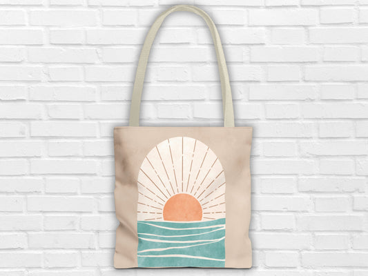 The sea and sun bag on a white background, inspired by Greek summer vibes. Shoulder bag available in 3 sizes by Sea Sun Stories
