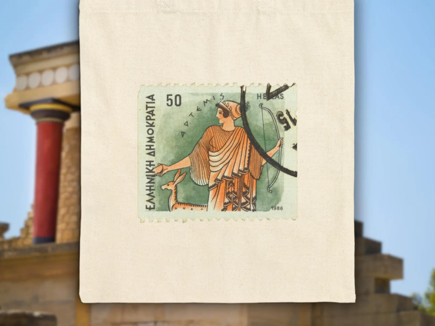 Detailed close-up of the lower part of the Greek stamp on the Artemis bag highlighting the bow and dress. This goddess of hunting tote channels both Greek mythology and vintage art aesthetics, making it ideal for fans of Diana art or mythology art bags.