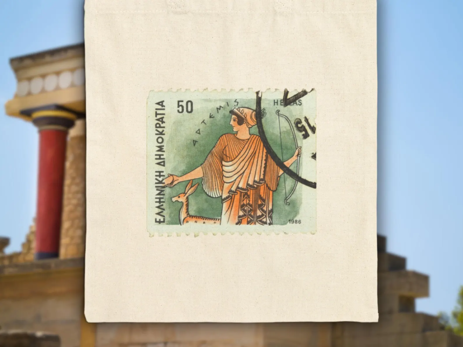 Detailed close-up of the lower part of the Greek stamp on the Artemis bag highlighting the bow and dress. This goddess of hunting tote channels both Greek mythology and vintage art aesthetics, making it ideal for fans of Diana art or mythology art bags.