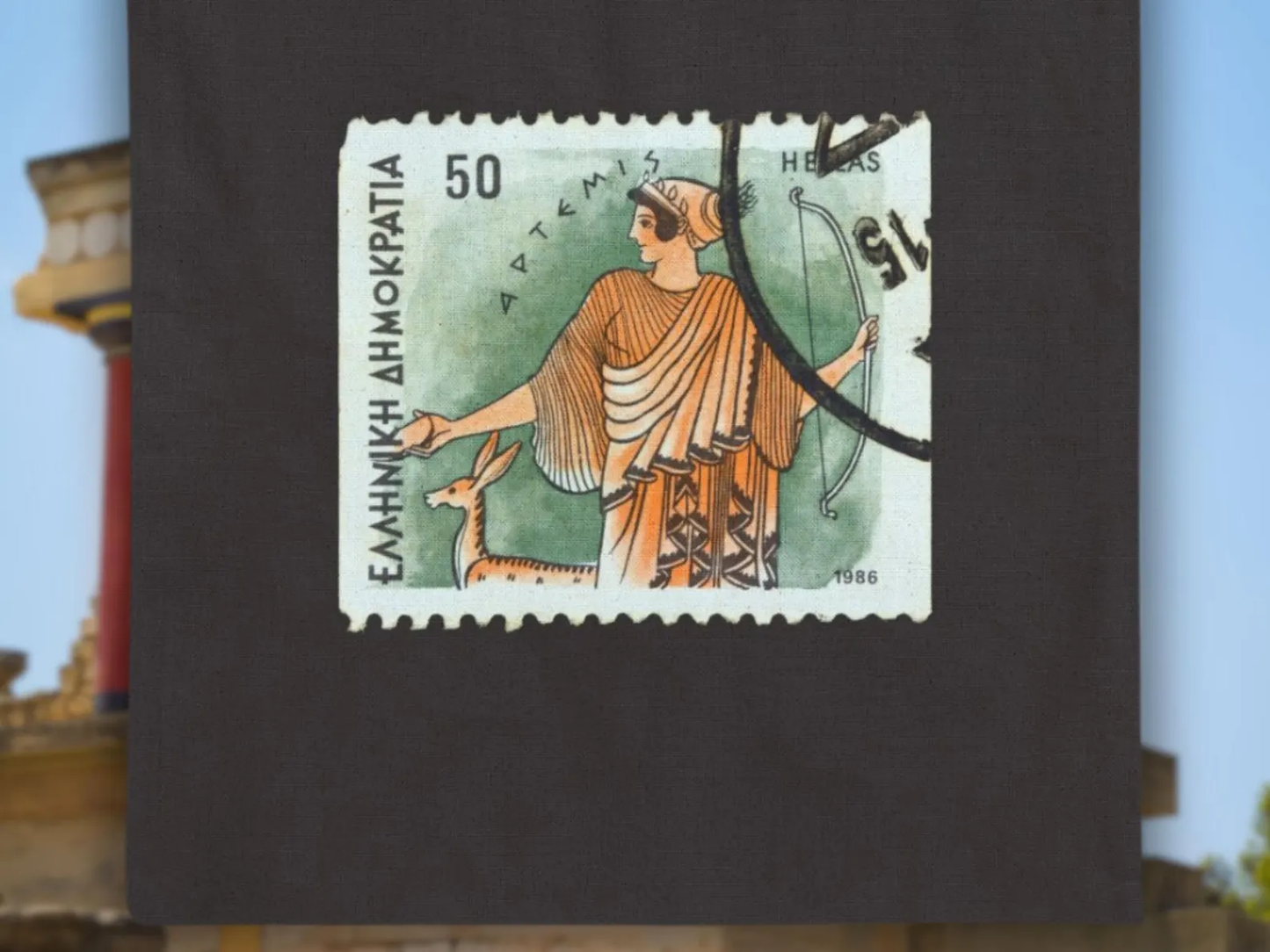 A close-up of the upper half of the vintage 1986 Greek stamp printed on the Artemis tote, showing detailed Greek lettering and Artemis in traditional robes. This Greek mythology bag reflects Diana goddess imagery and brings ancient myths into modern fashion through Sea Sun Stories bags.
