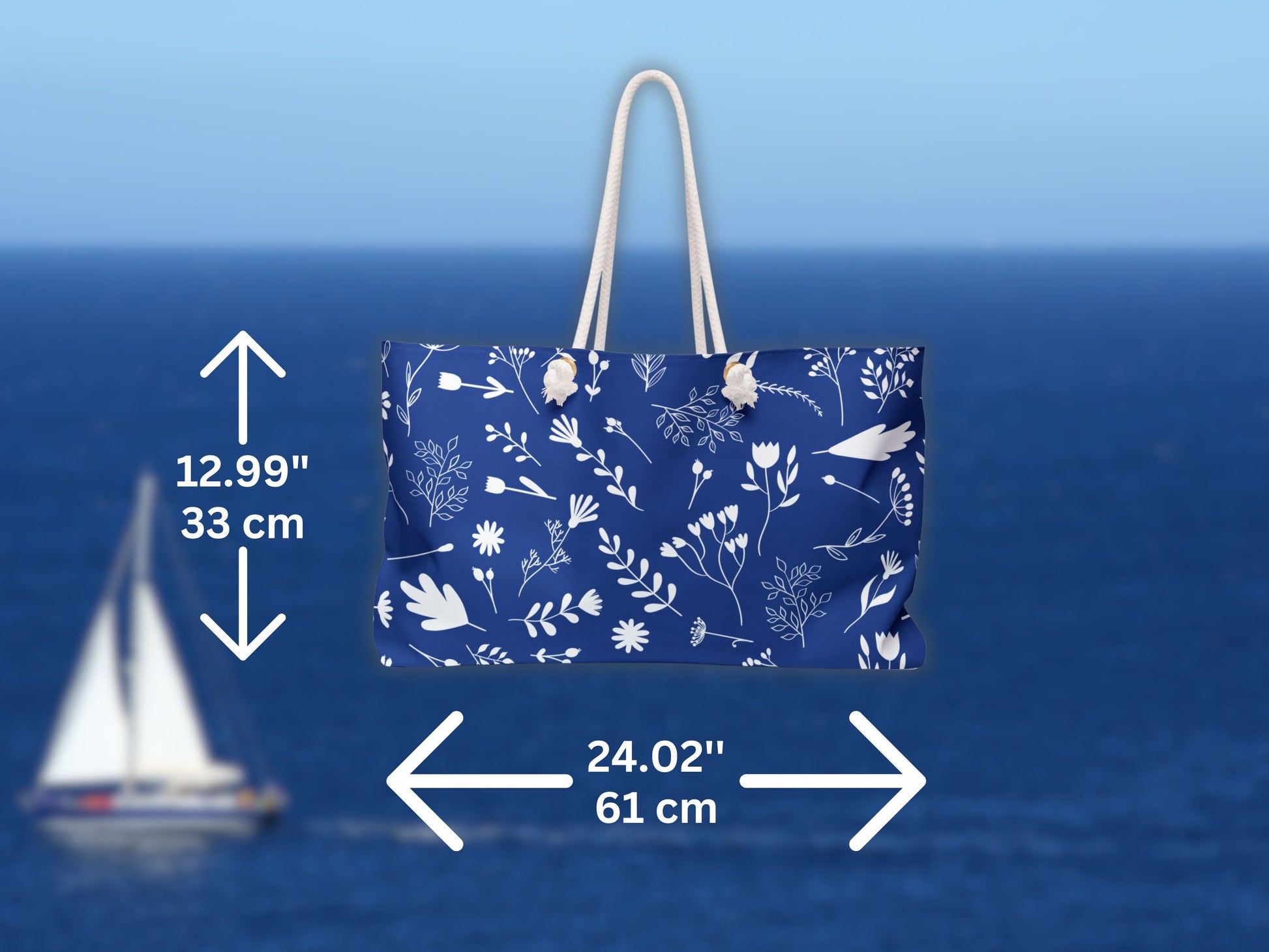 This image features a blue white bag with labeled measurements, showing its spacious design. The weekend bag is ideal for beach outings or packing for Greek vacation essentials. Its practical size makes it a great travel tote for women and anyone seeking Greece essentials for their next summer escape.