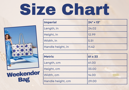 ize chart for the Evil Eye tote bag by Sea Sun Stories, showing measurements in inches and centimeters. This large weekender tote is ideal for beach essentials and Greece travel. Whether packing summer bag items or Greece essentials, this chart helps ensure the perfect fit for your Greek style beach tote.