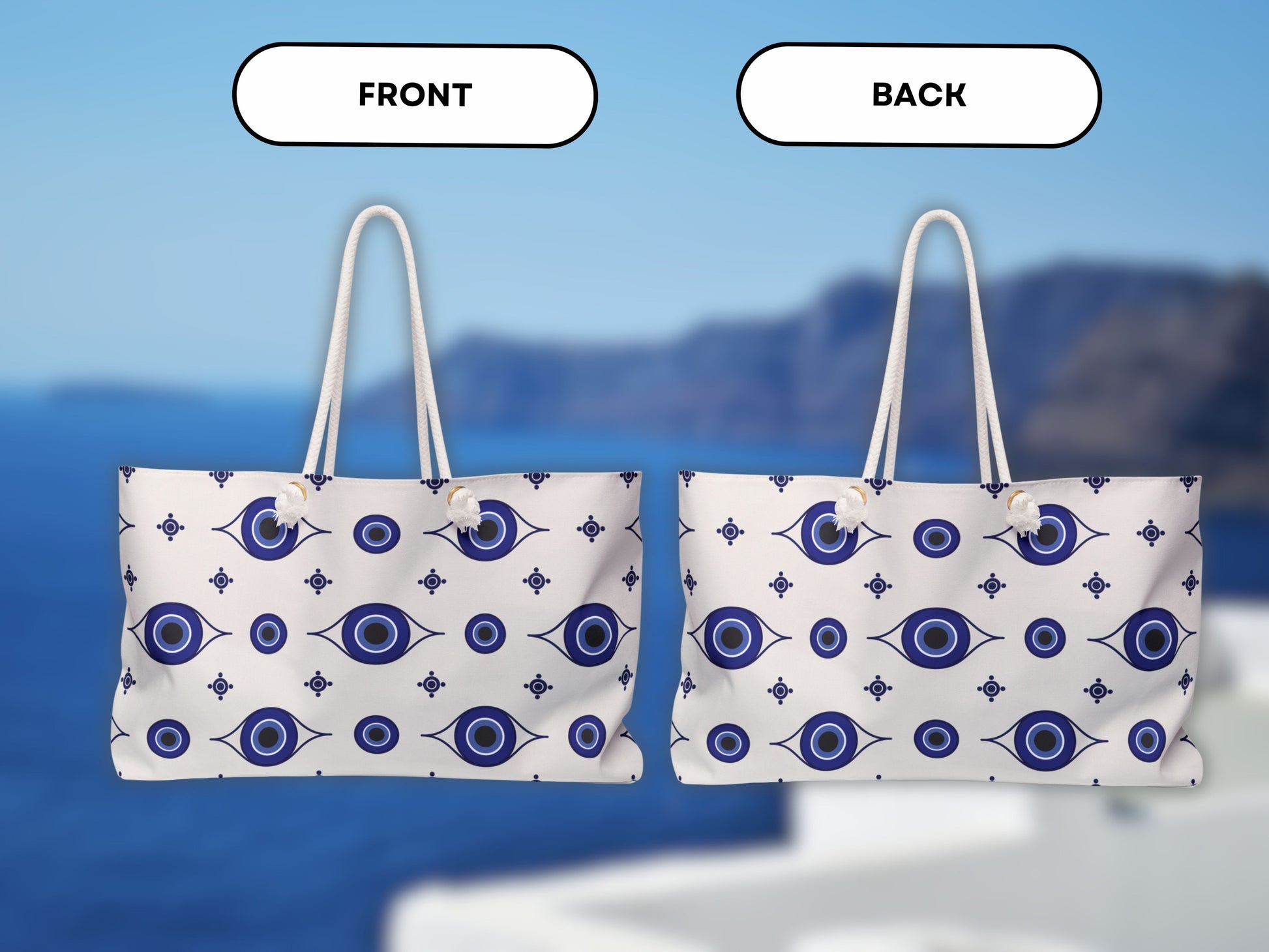 Front and back view of the evil eye beach bag featuring classic Greek blue and white tones. The evil eye motif symbolizes Greek evil eye protection and style. Use this Greece shoulder bag as a summer bag or day tote. This design is a staple in Greek accessories and beach bag with rope handles categories.