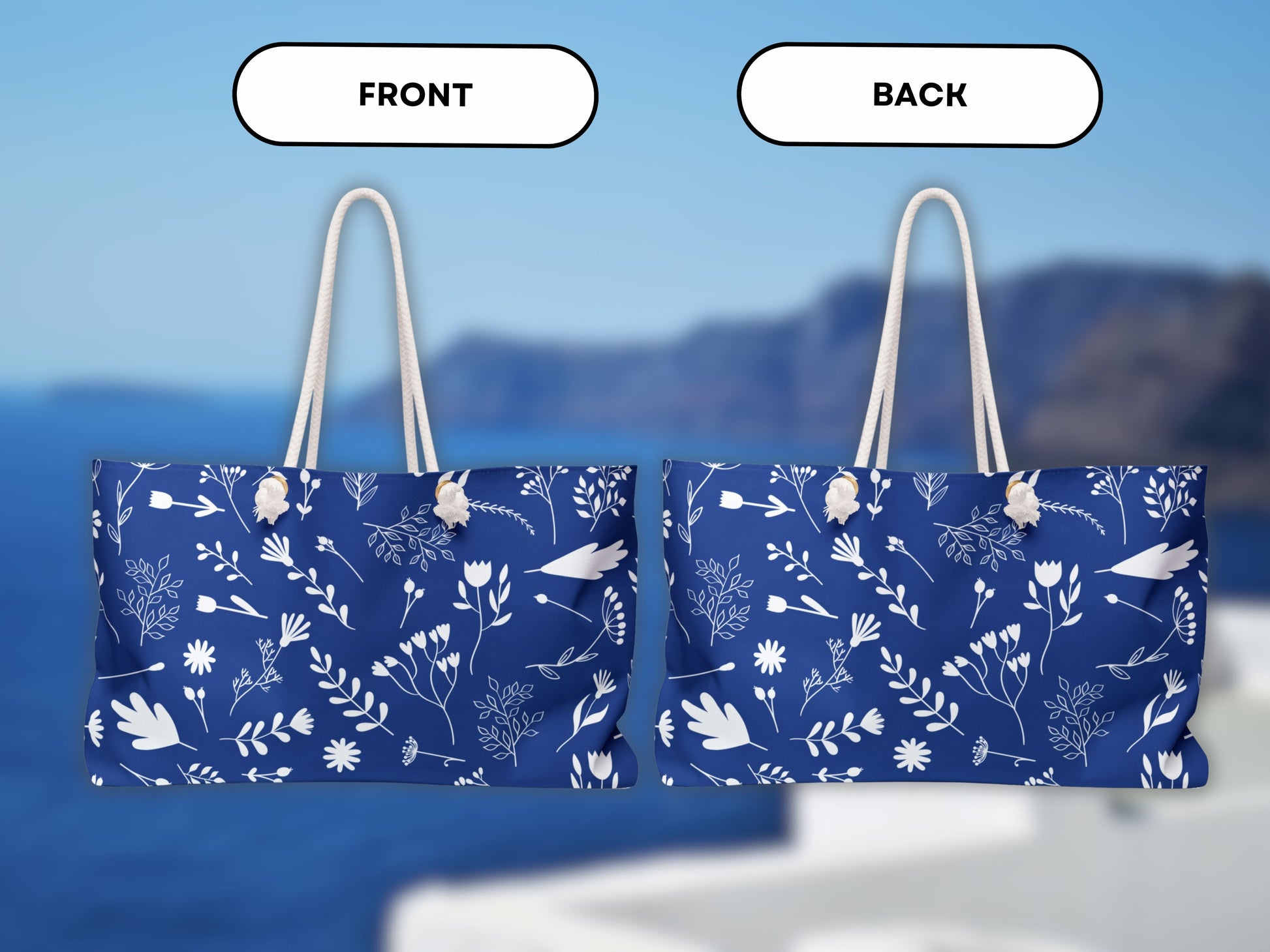 The image displays both the front and back of the stylish blue and white Greek style bag. Featuring rope handles and a clean design, this Greek shoulder bag from Sea Sun Stories works great as a summer tote bag or tote bag for Greece. A great choice for those who love Greek travel accessories.