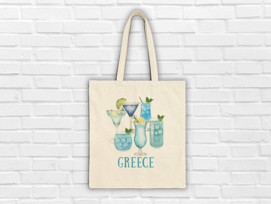 Greece bag showing blue summer cocktails, ideal bag for Greece lovers. This tote bag is inspired by the Greek summer designed by Sea Sun Stories
