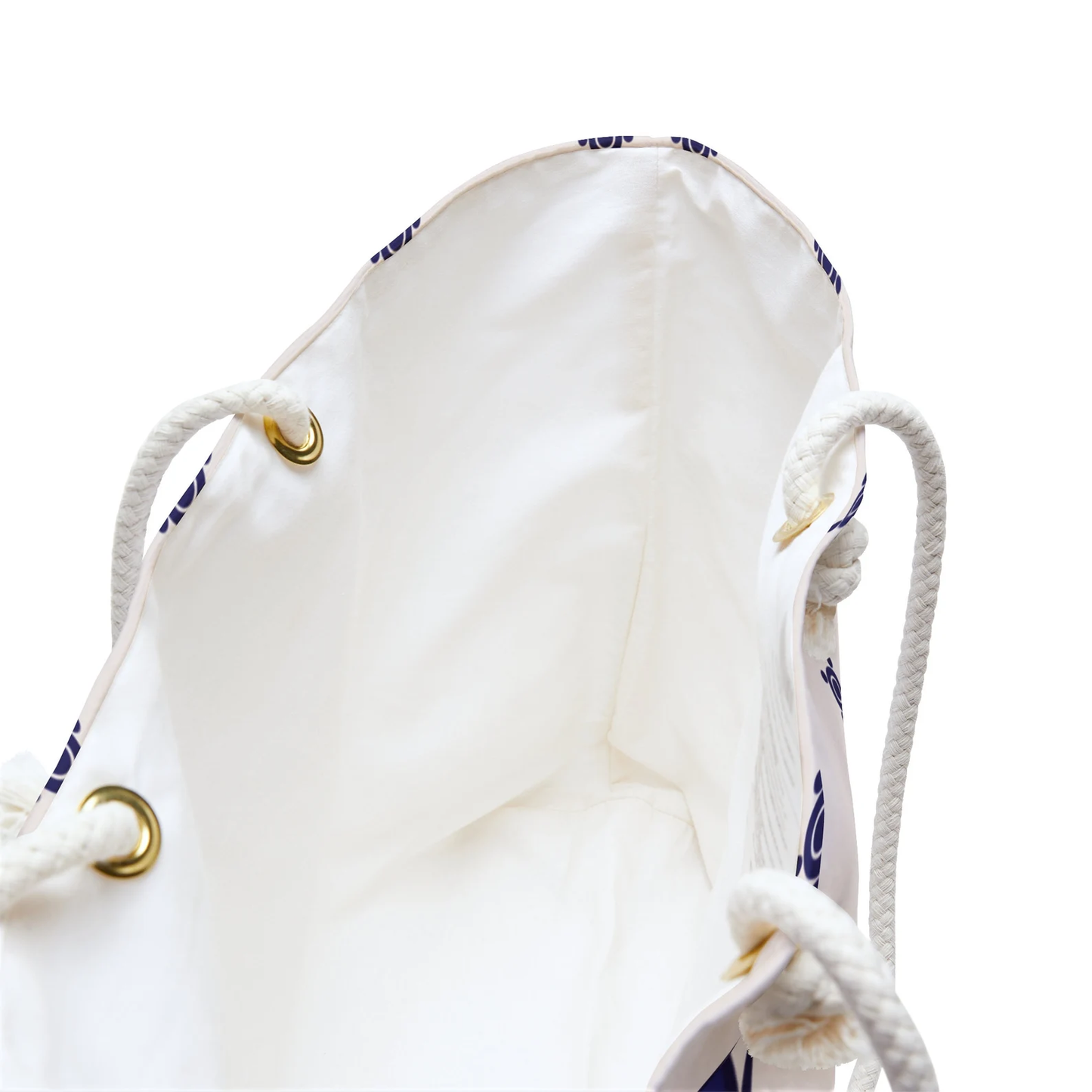 Inside view of this Greek style bag from Sea Sun Stories showing one spacious compartment ideal for beach essentials like sunscreen, swimwear, or a change of clothes. This Greece inspired bag with rope handles is both stylish and practical as a bag for the beach or a Greece travel accessory.