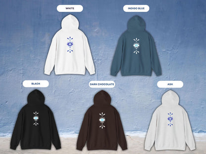 Display of all available colors for the evil eye pullover, including white, ash, black, brown, and blue. Choose your preferred spiritual hoodie color.