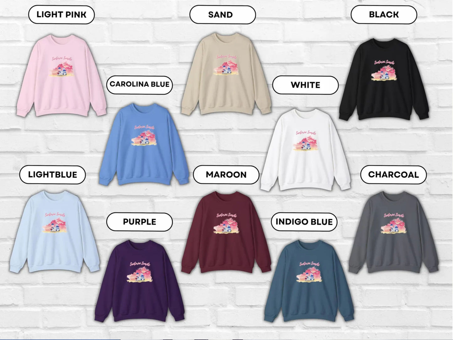 Display of all ten available colors for this thoughtful Greek gift, including white, black, sand, maroon, purple, light blue, light pink, carolina blue, indigo blue, and charcoal. Find your perfect Greece pullover color.