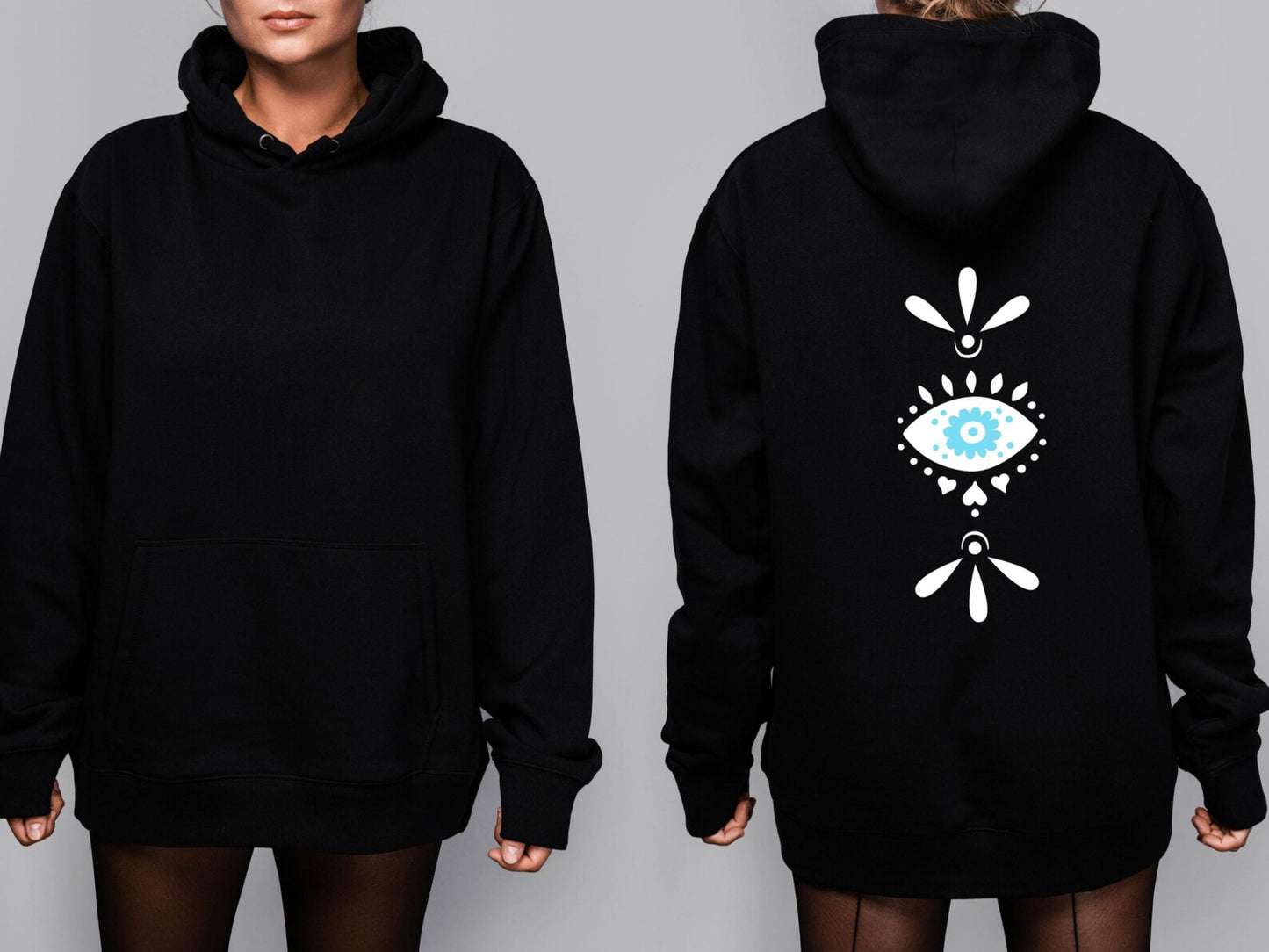Front and back view of the black spiritual hoodie, highlighting the striking contrast of the evil eye design.