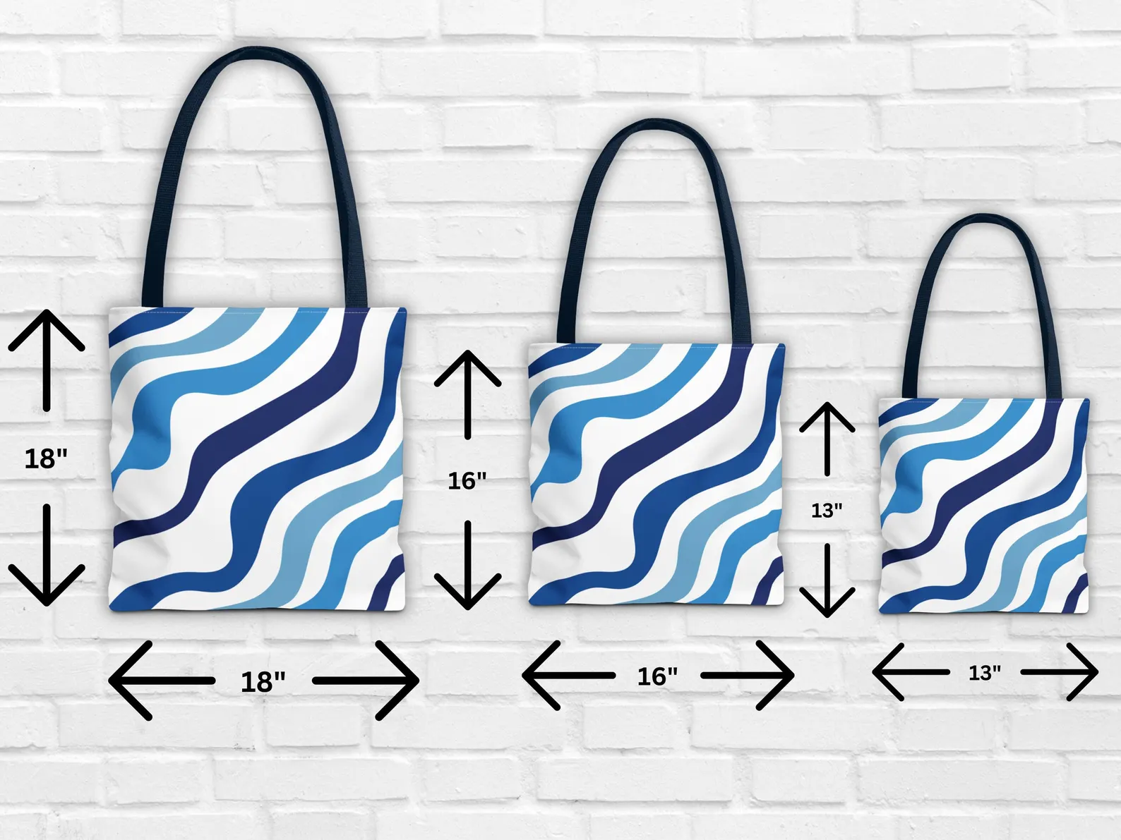 all three available sizes of the Blue Aesthetic Tote Bag, with their dimensions clearly displayed. This image allows you to visually compare the small, medium, and large sizes, understanding the capacity and proportions of each. Perfect for those who appreciate a Mediterranean tote and need a versatile option for various activities. A perfect summer blue tote.