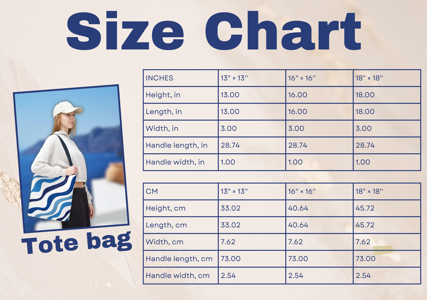 Size chart for the Blue Aesthetic Tote Bag, displaying measurements in both inches and centimeters. This chart provides a comprehensive guide to help you choose the perfect size for your needs. Whether you need a small tote for everyday errands, a medium tote for beach trips, or a large tote for travel, this chart ensures you select the ideal fit. This stylish blue tote is perfect for anyone who appreciates Greek island style and a chic blue bag.