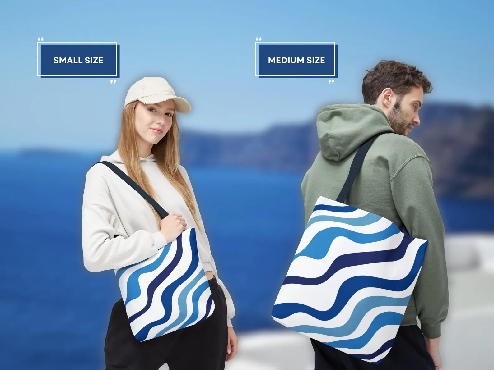 The Blue Aesthetic Tote Bag in small and medium size, perhaps at a scenic overlook or a charming European street. This image emphasizes its versatility as a travel tote bag, showing it can hold travel essentials. The blue and white design makes it a fashionable choice for any journey. This image highlights the bag's durability and practicality, making it a great companion for any adventure.