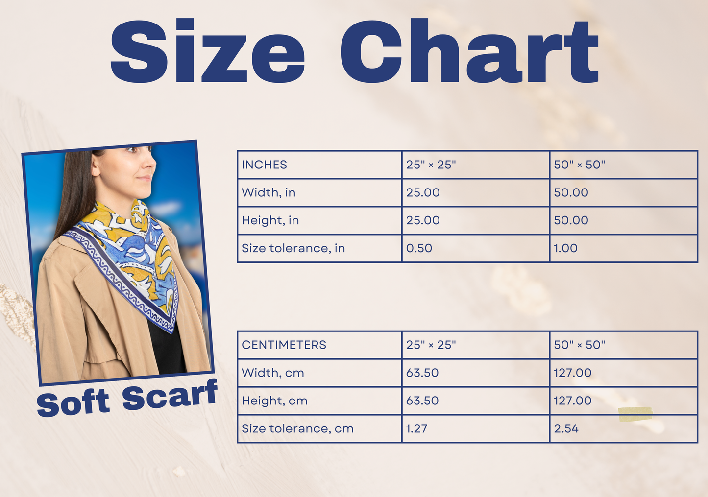 Size chart for the blue yellow scarf, showing dimensions for both the small and large options of this Greek scarf.
