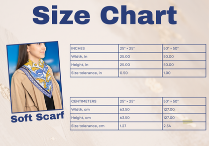 Size chart for the blue yellow scarf, showing dimensions for both the small and large options of this Greek scarf.