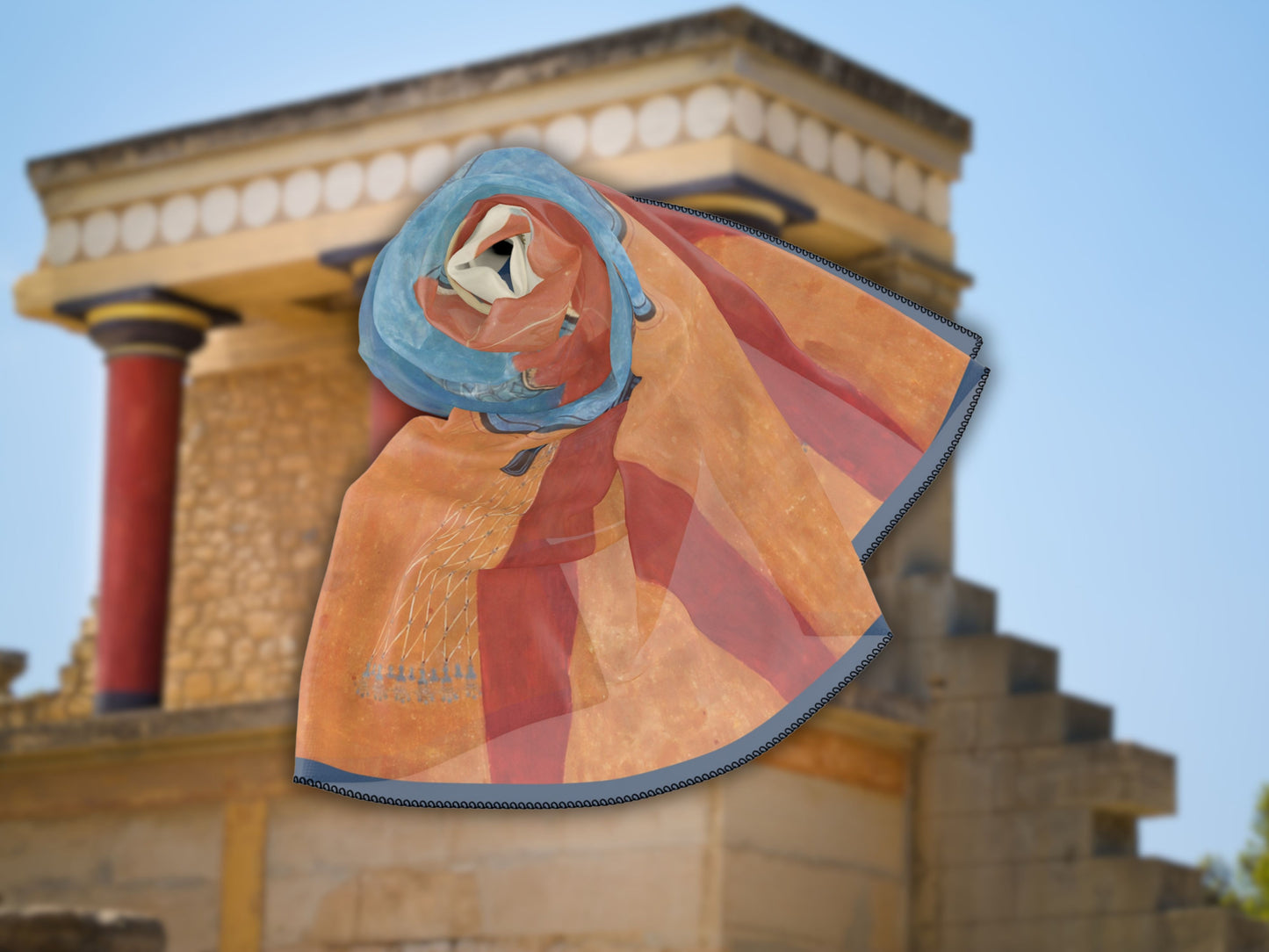 Intricate close-up showcasing the artistry of the Minoan civilization as depicted on this scarf from Crete.
