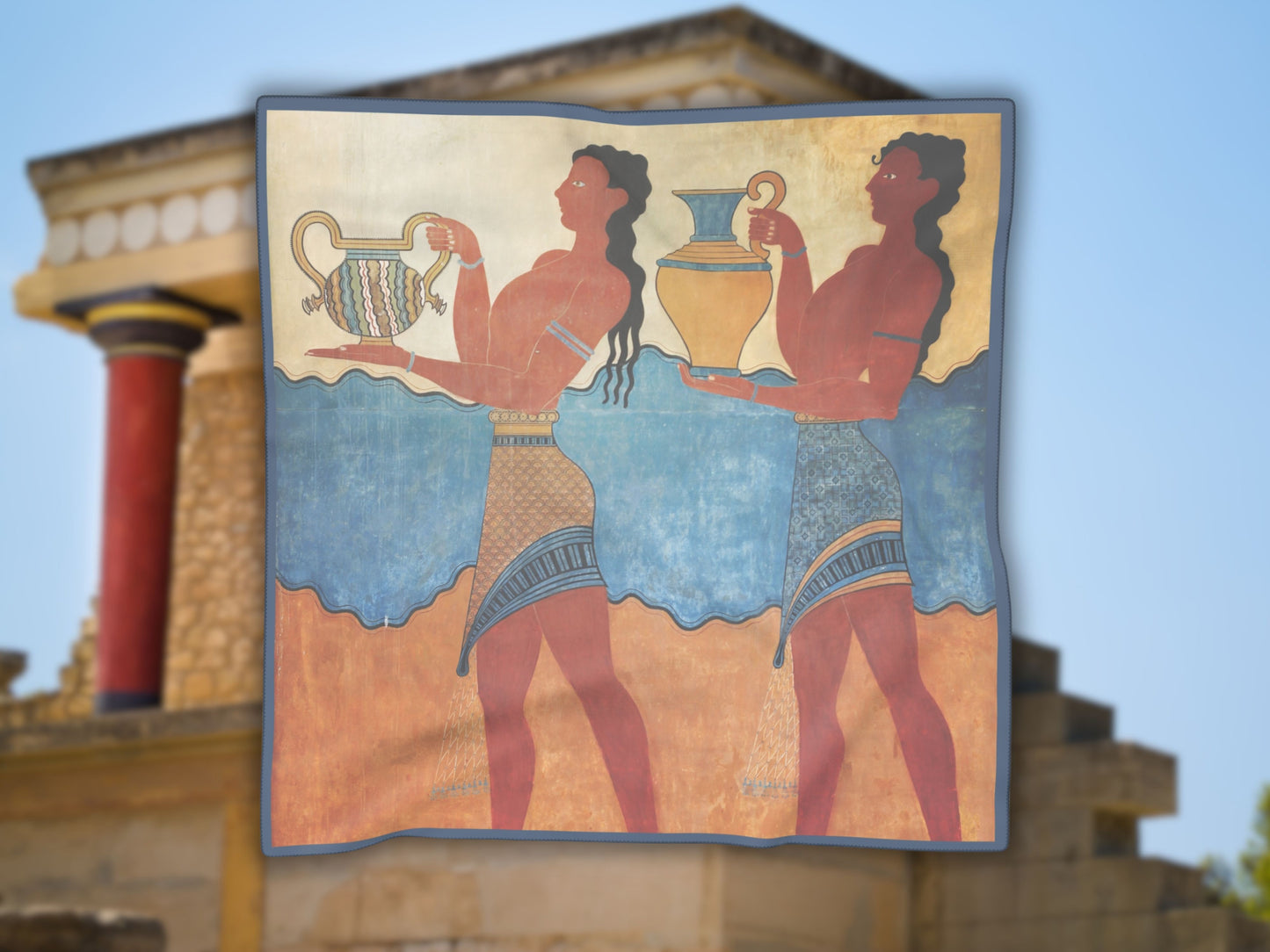 Detailed close-up of the Minoan art figures on this Minoan scarf, a beautiful example of Crete art.