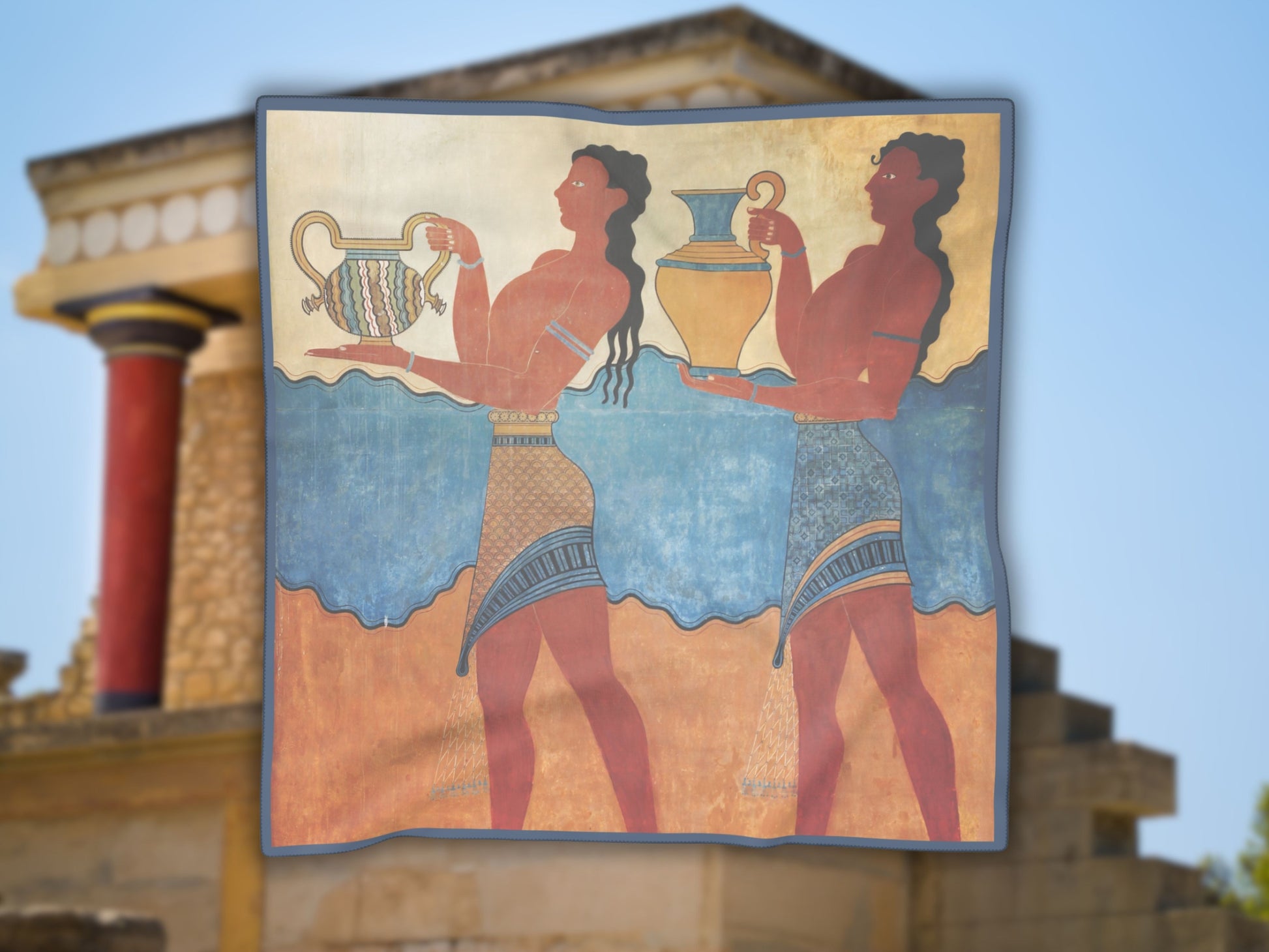 Detailed close-up of the Minoan art figures on this Minoan scarf, a beautiful example of Crete art.
