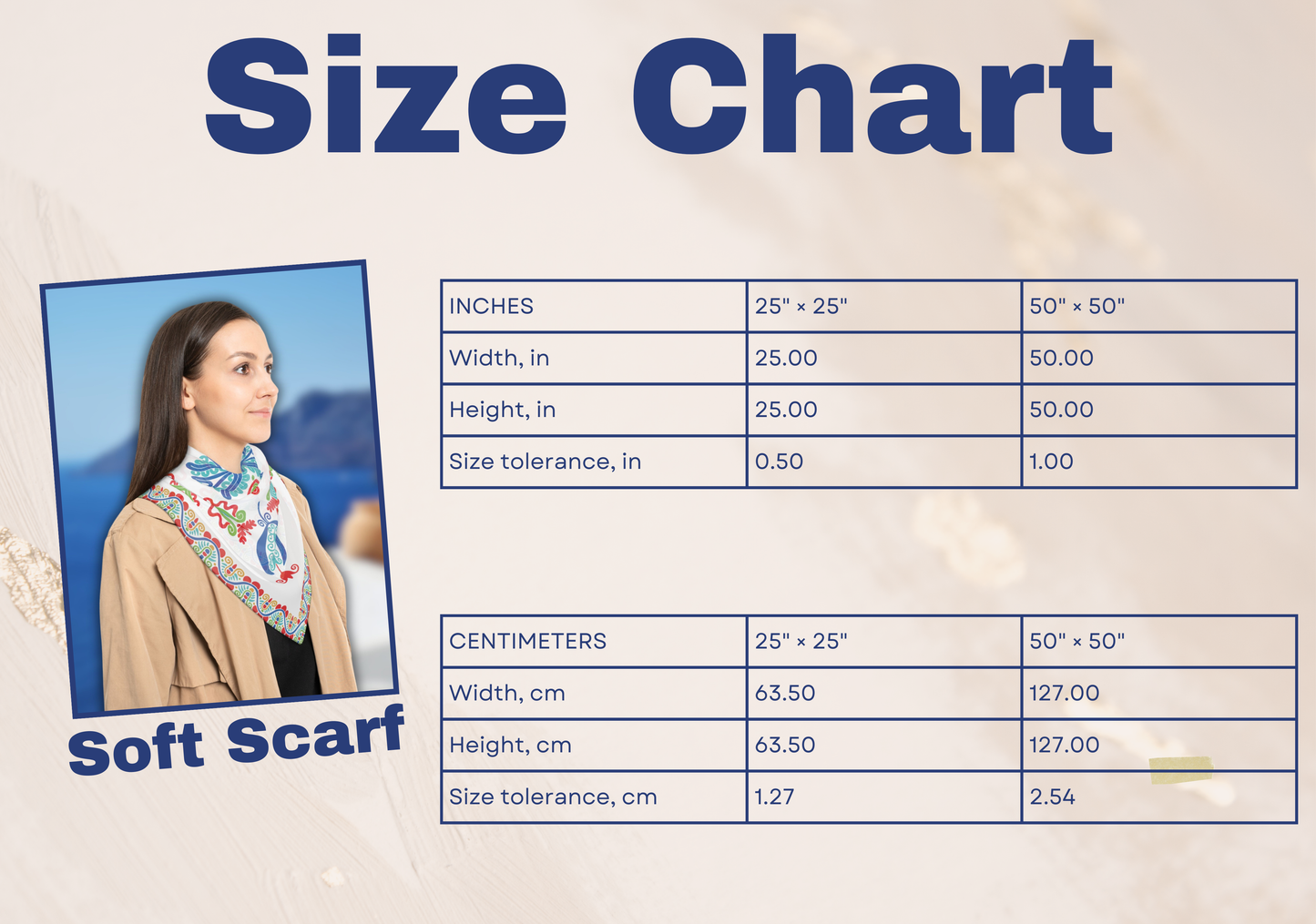 Size chart for the folklore scarf, showing dimensions for the folklore small scarf and the colorful large scarf options.