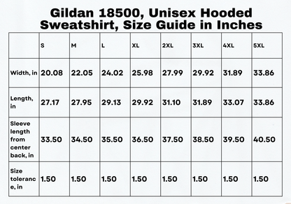 Size chart in inches for the evil eye hoodie, providing measurements for finding your perfect fit in this spiritual hoodie.