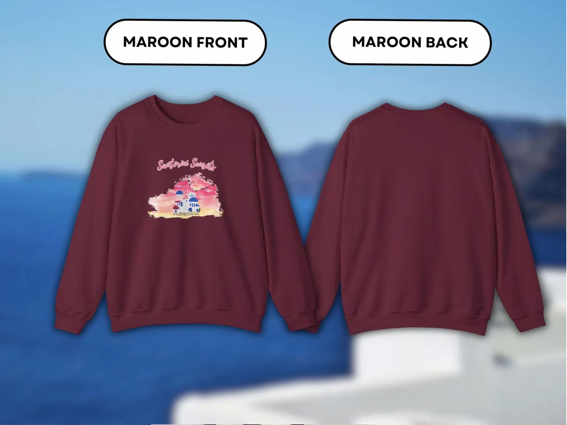 A showing the front view and the back view of the Santorini sweatshirt, the Santorini Souvenir, emphasizing its comfort and warmth on cooler days.