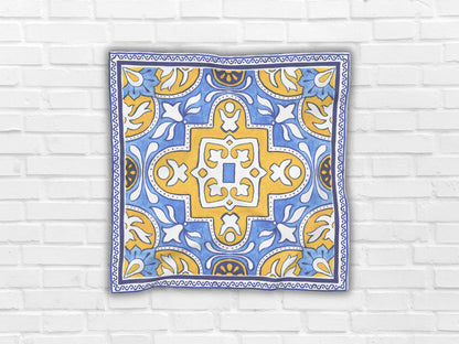 Image of the Greece scarf highlighting the geometric pattern of this yellow blue scarf, a unique and modern Greek scarf.