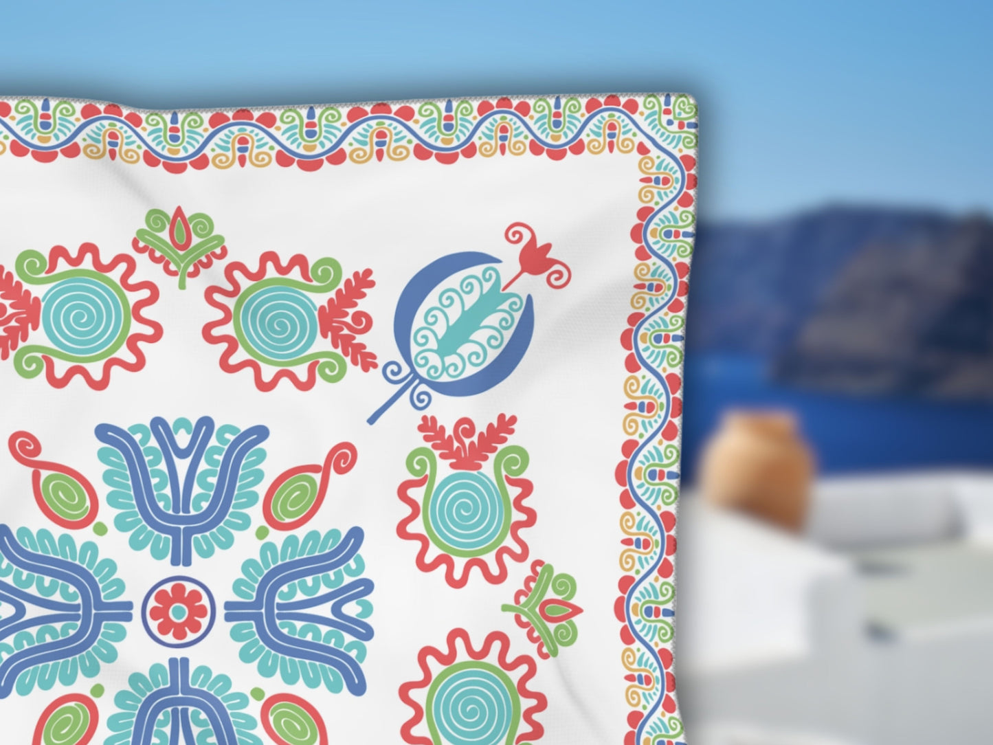 Image of vibrant colors and patterns, making this folklore scarf a perfect gift for Greek girl.