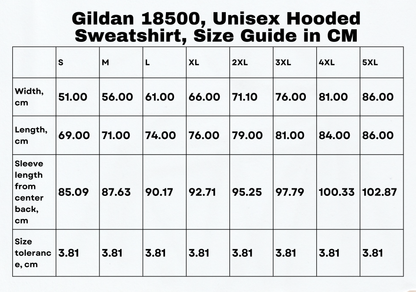 Size guide in centimeters for the greek hoodie, offering detailed measurements to ensure the ideal fit for this Greece sweater.