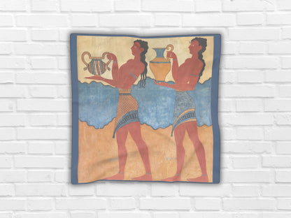 Elegant flat lay of the Minoan scarf showcasing the figures inspired by the Minoan civilization. A unique scarf from Crete and a Greek mythology gift.