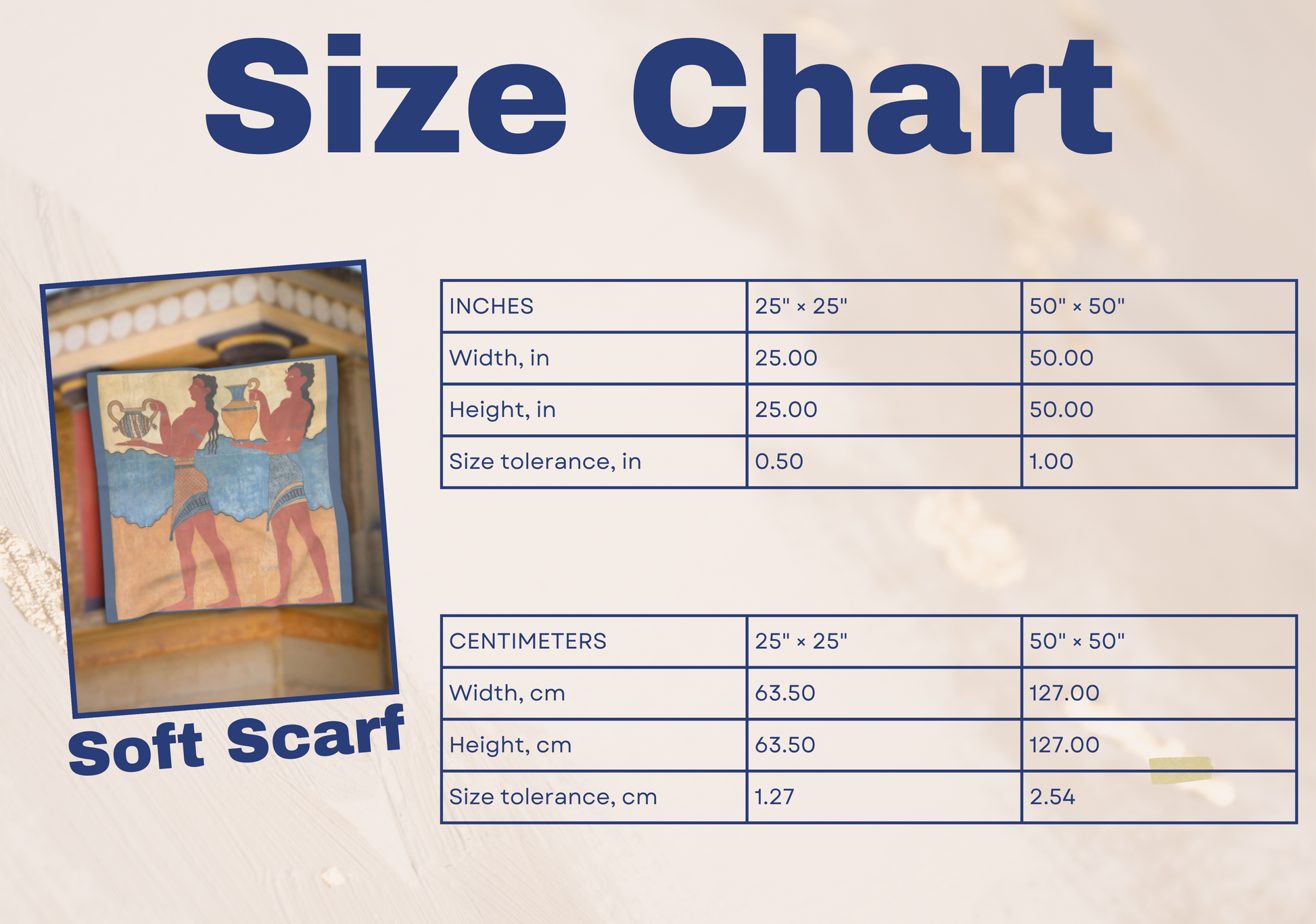 Size chart for the Minoan Scarf, showing dimensions for both the small and large options of this Grecian scarf.
