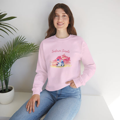 A model wearing the Greece vacation sweater, showcasing its relaxed fit and the beautiful Watercolor Graphic inspired by the Santorini sunset.