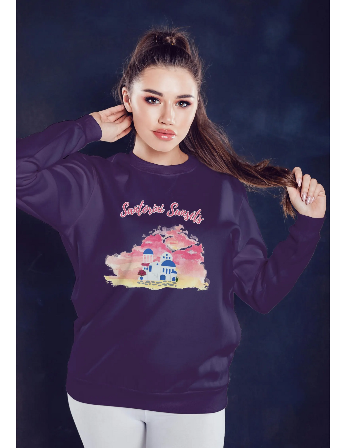 A close-up shot of a model wearing the Watercolor Graphic sweatshirt, showcasing the unique and artistic design.