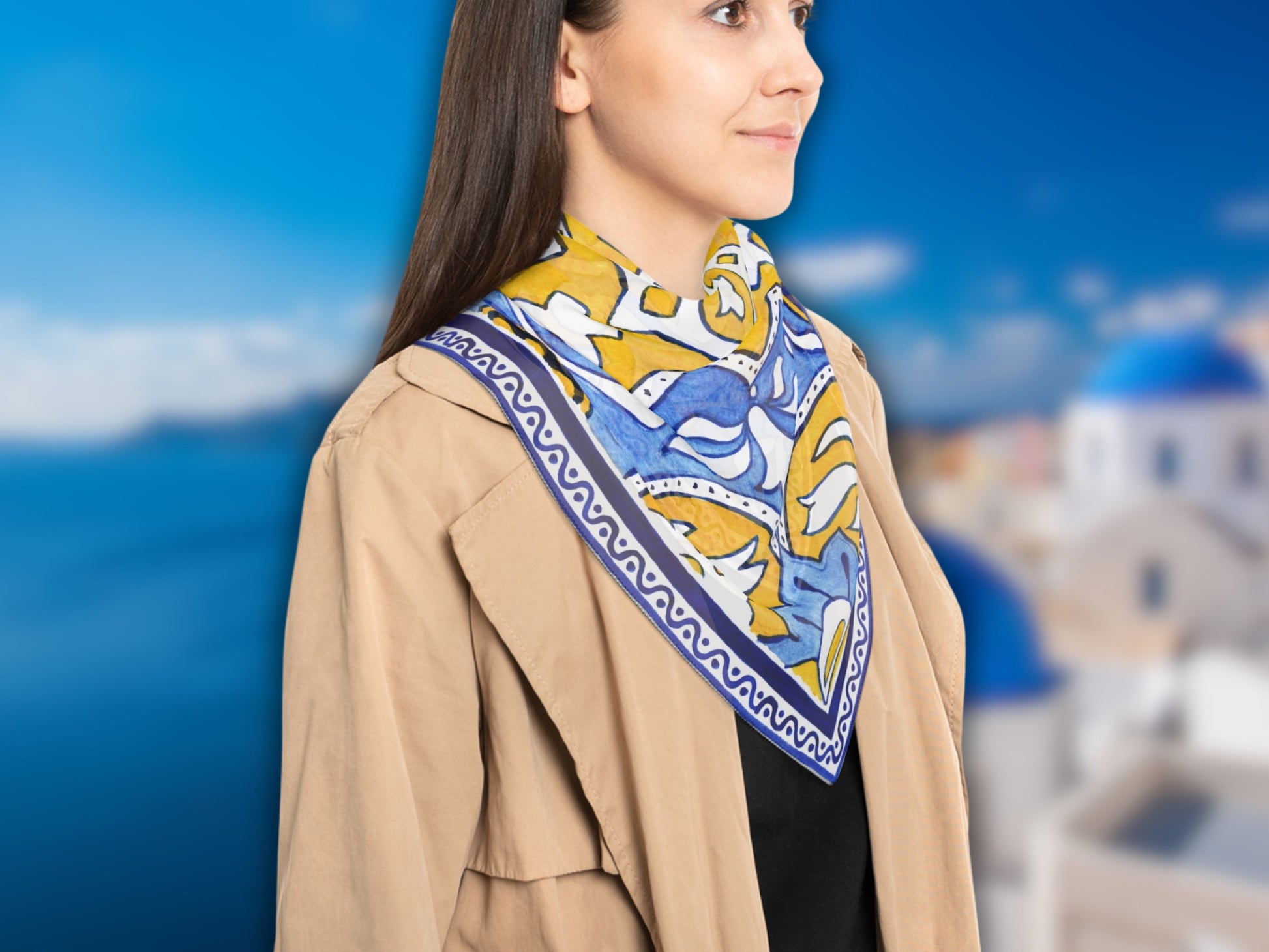view of the navy blue yellow scarf, highlighting its suitability as a stylish abstract scarf.